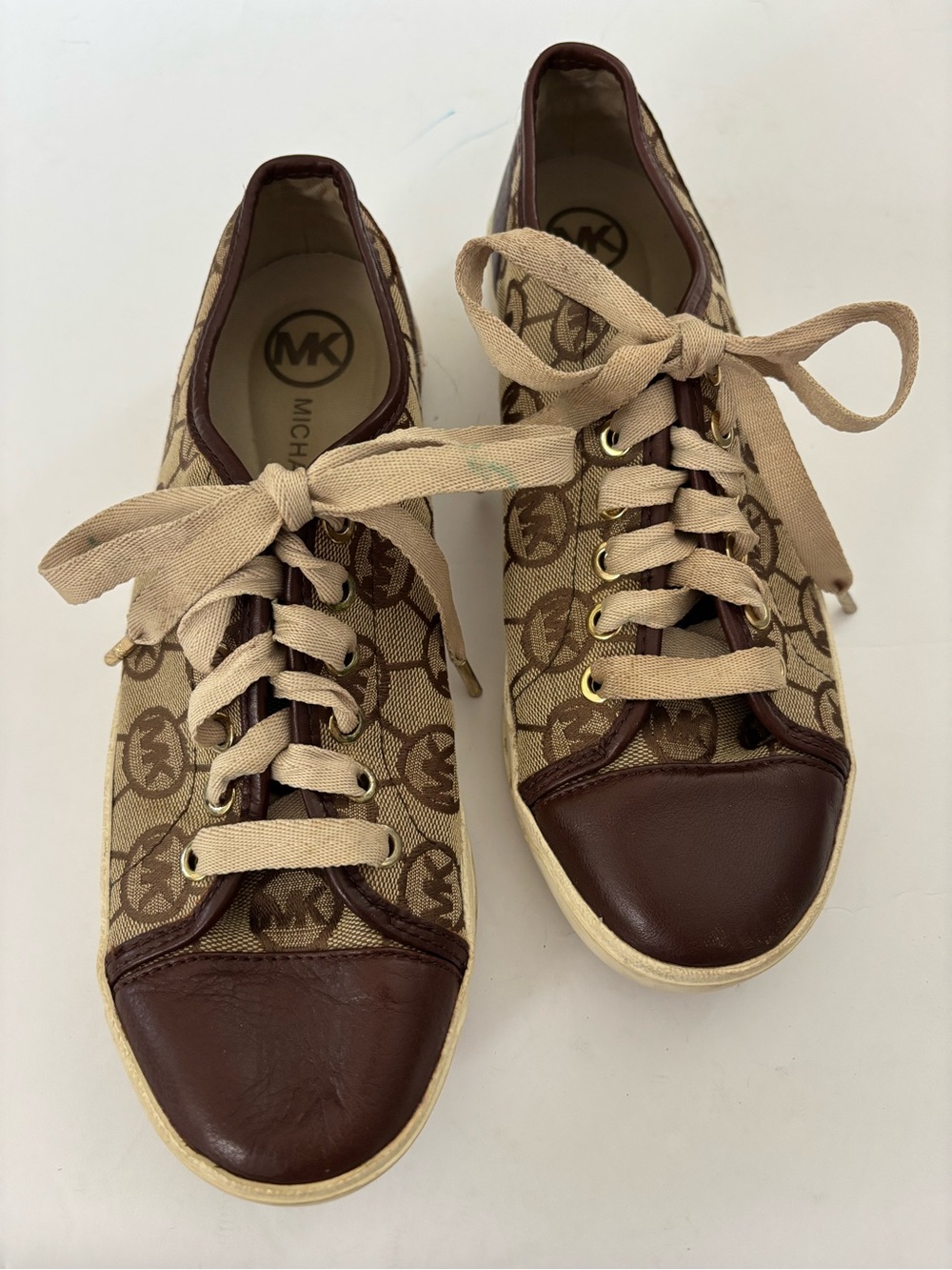Michael Kors Tan Monogram Sneakers with Brown Leather Cap